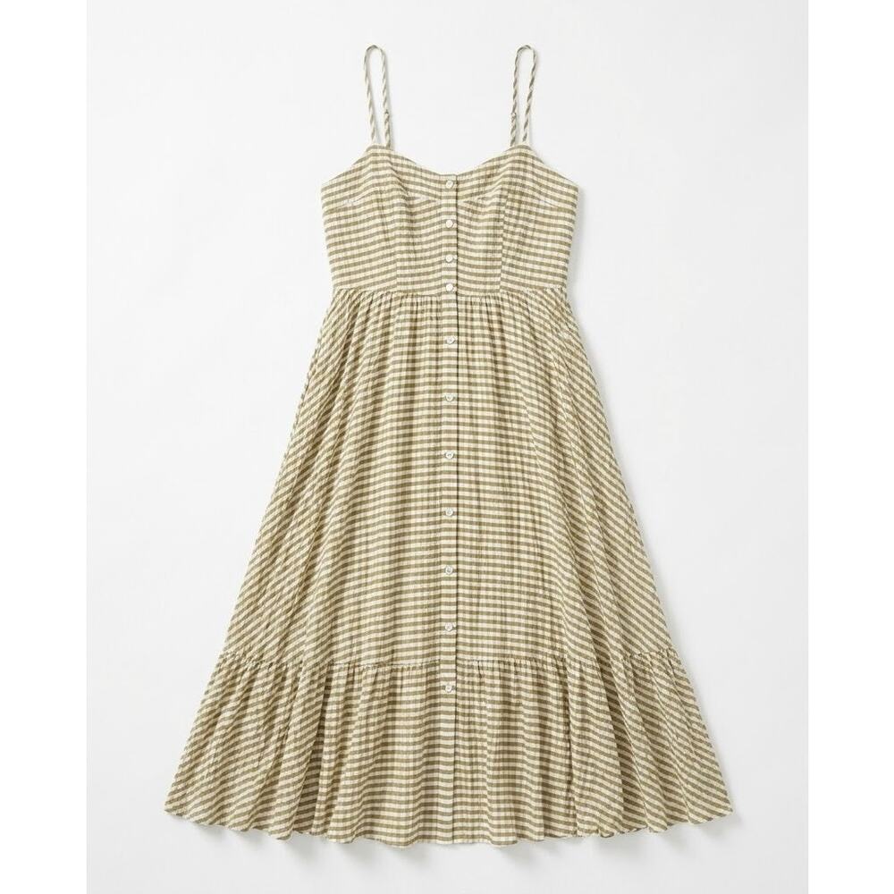J.Crew Gingham Plaid Midi Dress Size 16 Tan White Seersucker Button Front